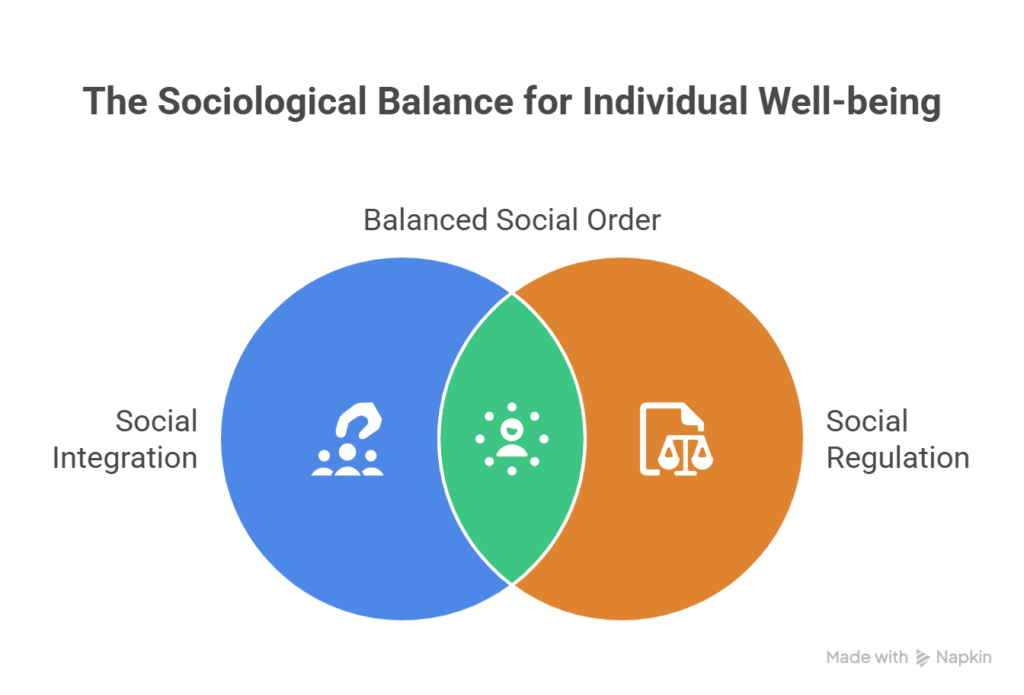 Durkheim’s theory rests on two core sociological dimensions