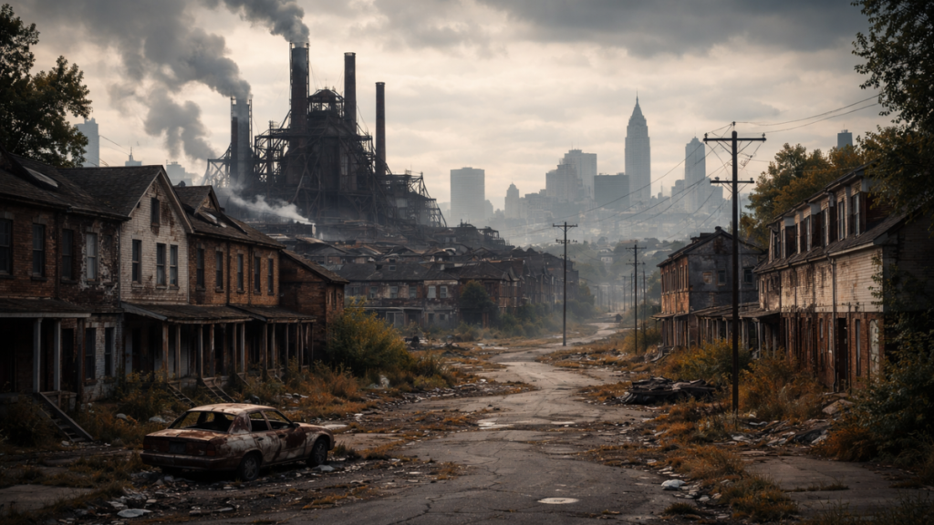 Explore the sociological causes and consequences of urban decline in Michigan, focusing on deindustrialization, inequality, migration, and urban transformation.