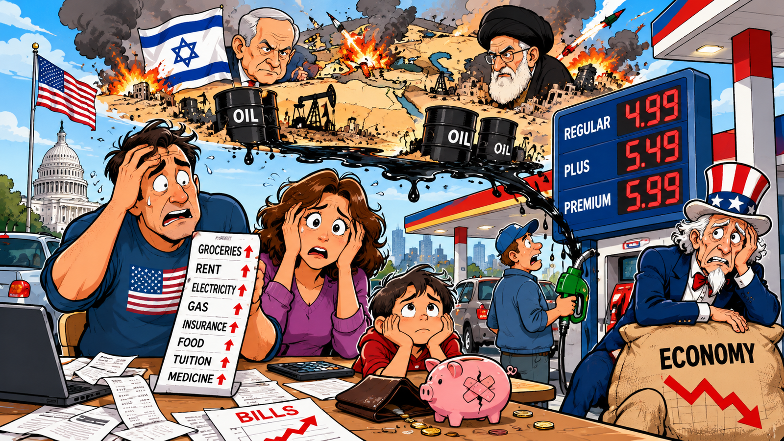 Stress in America caused by Middle East conflict, rising fuel prices, and economic uncertainty.