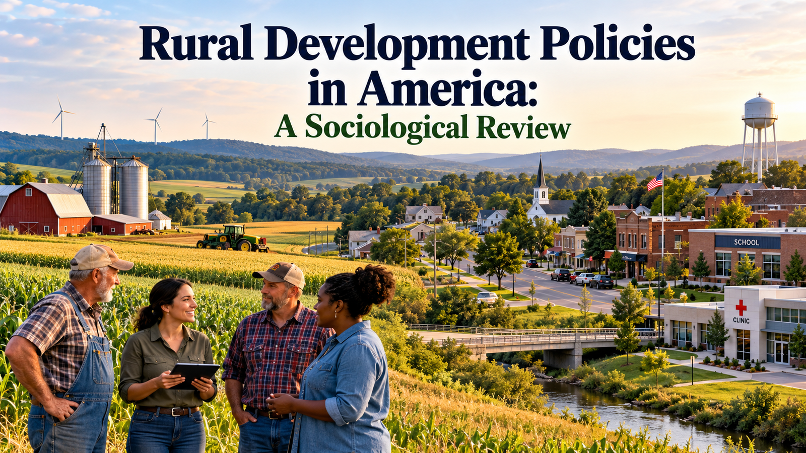 Rural Development Policies in America illustrating a rural community with farms, homes, roads, schools, and modern infrastructure.
